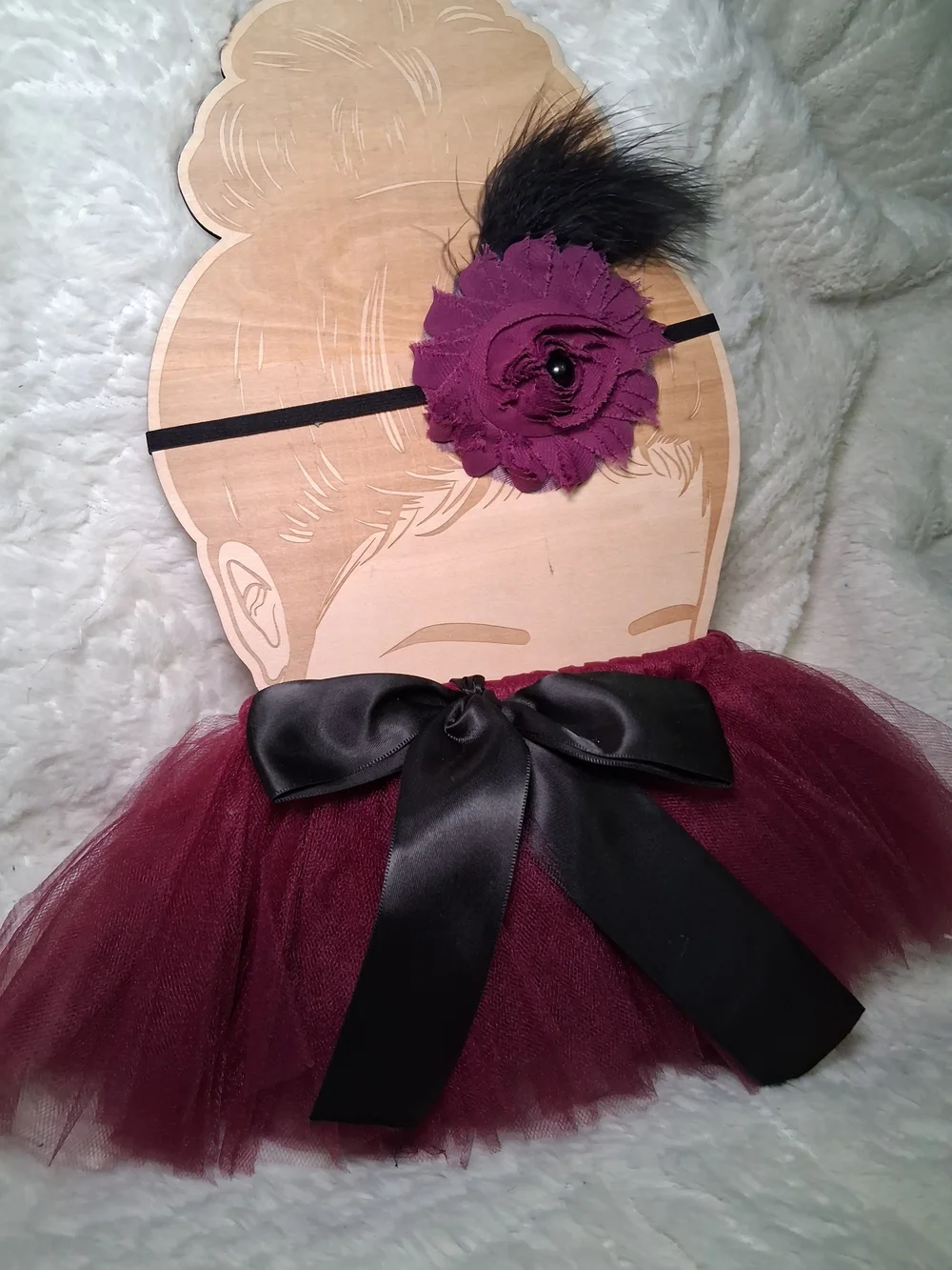 Girls Burgundy Flower Feather Headband With Tulle Skirt